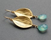 Aqua Blue Chalcedony Gold Dangle Earrings, Matte Gold Modern Leaf