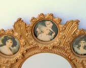 Cameo Creations Retro Mid Century Sunburst Rococo Frame, Convex Mirror, 8 European Noble Ladies Portraits