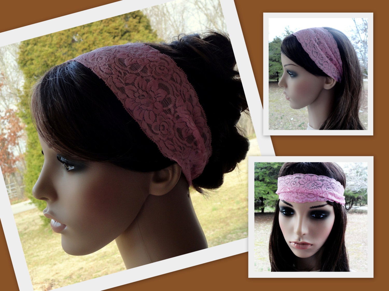Pink Stretch Headband Stretch Head band for GIRLS or Women Pink Stretch Head wrap Stretch Headwrap Pink Lace Headband Rose