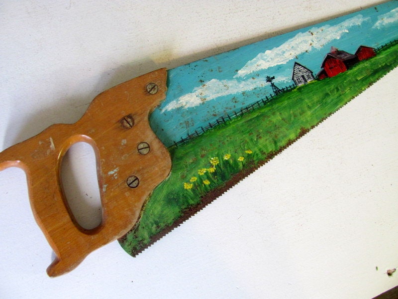 Vintage Hand Painted Antique Saw / Barns / Amish Style Primitive / Outdoor or Indoor Hanging