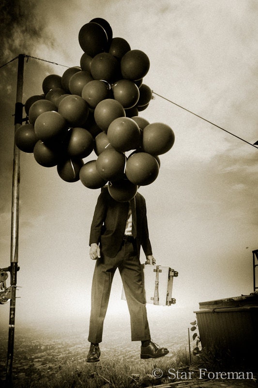 Balloon suicide (original photograph, victorian circus performer, edward gorey inspired, monochrome, black and white, macabre, vintage style