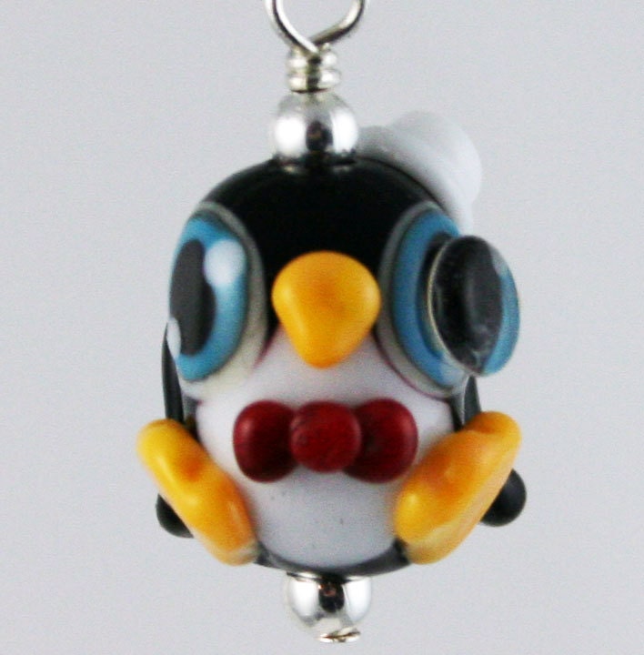 Cute New Years Sophisticate Penguin Lampwork Glass Necklace and Cell Charm
