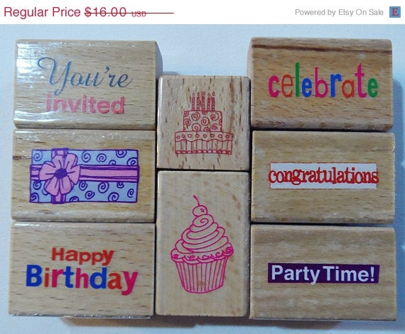 INSTANT 15% OFF Celebrate Birthday Party Set of 8 Wood Stamps from Scrappy Cat - Scrapbooking Cardmaking Papercrafting Rubberstamping