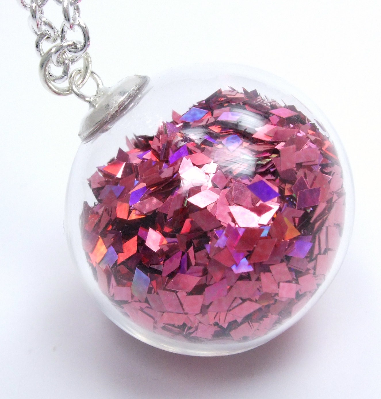Reflections Bubble Collection - Berry Bright Pink Marquise Prism Glitter Fuschia Hand Blown Glass Round Filled Silver Necklace 
