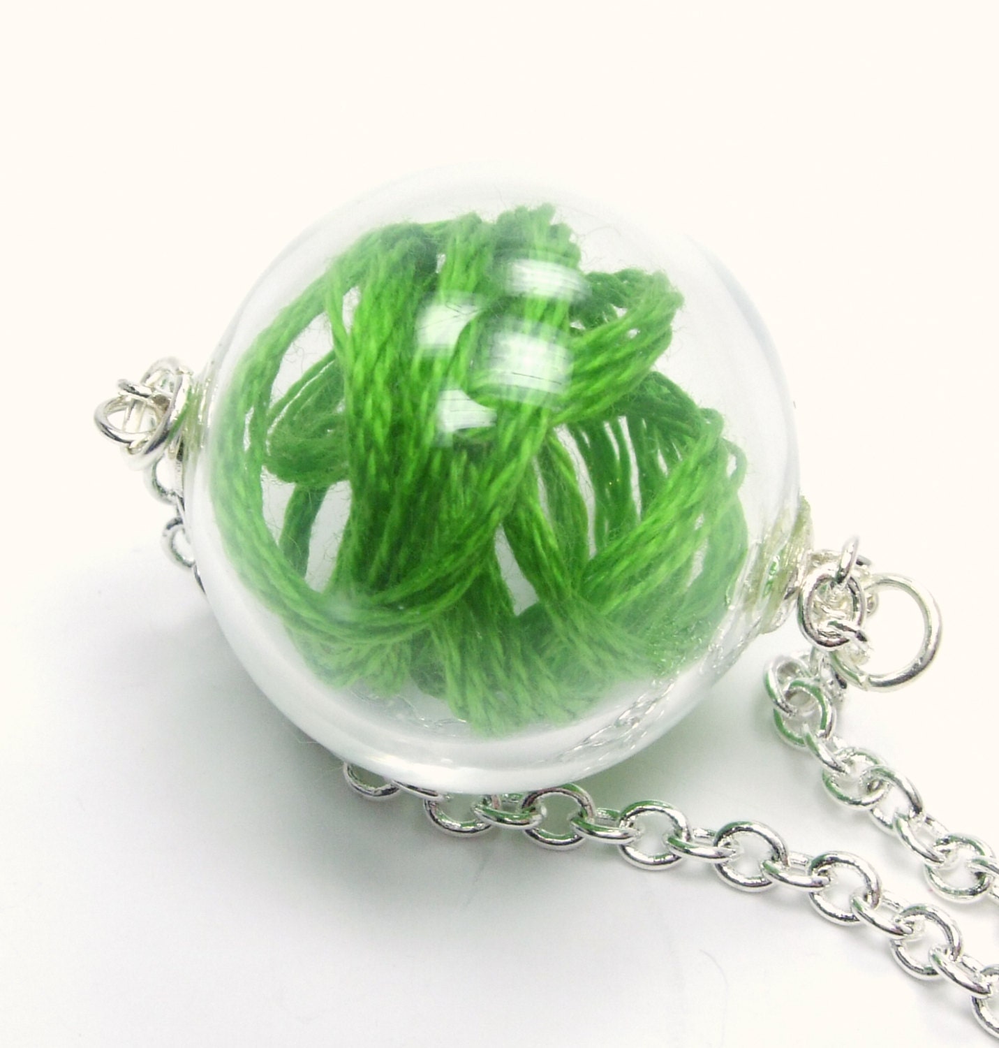 Bubble Collection - Green Thread Glass Round Clear Hand Blown Filled Peridot Grass Round Orb Globe Silver Necklace 
