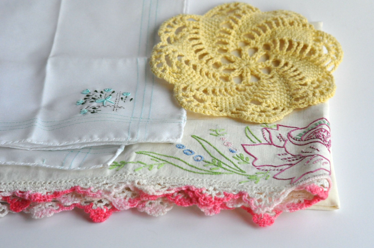 Vintage Linens - Cutter Embroidery Pillowcase, Hanky & Crochet Doily