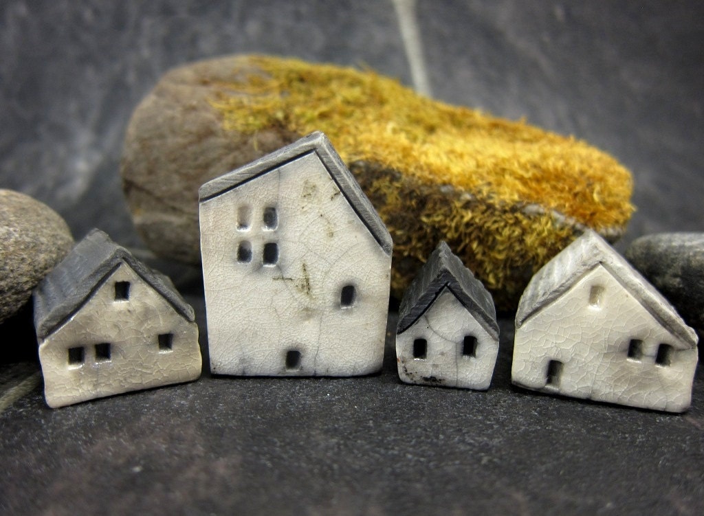 Set of 4 Rustic White Cottages...Raku Fired Miniature House