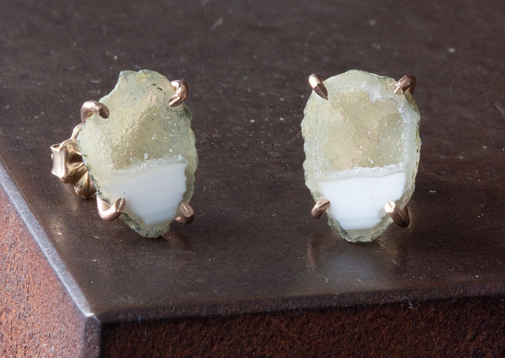 One of a Kind White/Yellow Druzy Agate Geode Studs 14kt Gold
