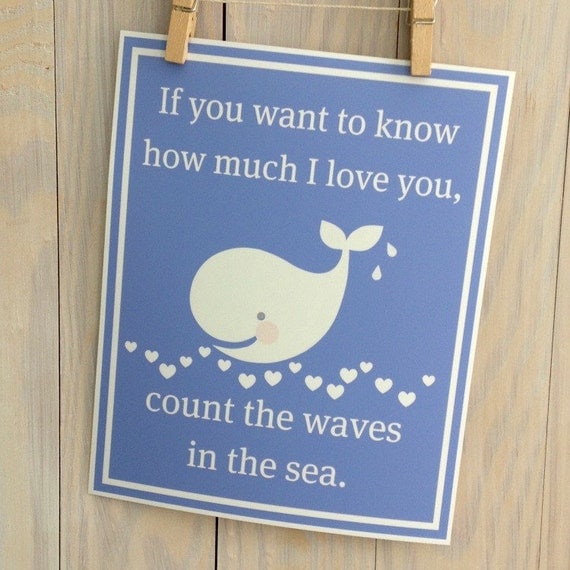 Baby nursery decor- whale wall art, beach, blue, inspirational, hearts 8x10 inch print