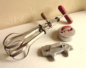 Vintage Baking Utensils Hand Mixer Cookie Cutters Red Handles Working