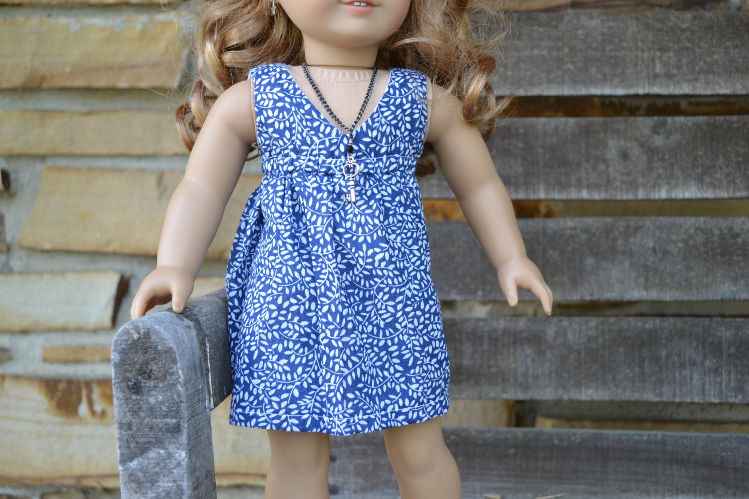 American Girl Doll Dress - Blue Vines Salina Dress with Necklace