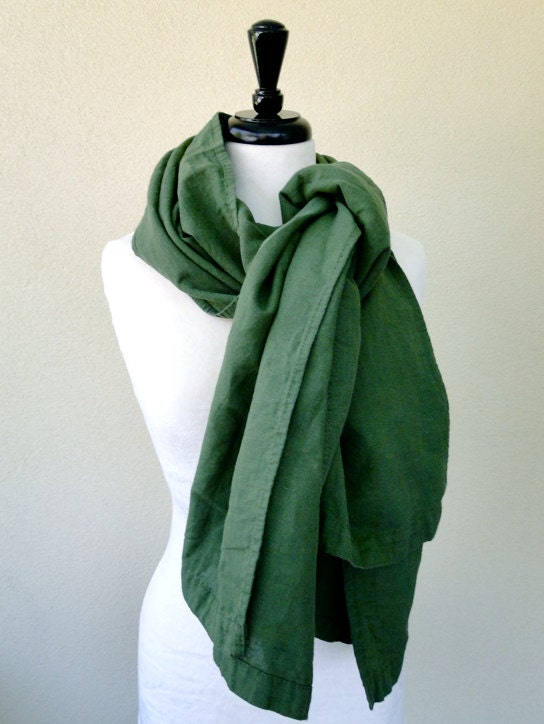 Very large linen shawl wrap scarf in olive green