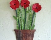 Metal art sculpture wall decor metal flowers Poppies upcycled kitchen art flower pot large size 12 x 19