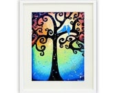 Love Birds Giclee Print - Whimsical Folk Art - Love Art Tree of Life Abstract Landscape - 11x14 Signed Luxury Gift