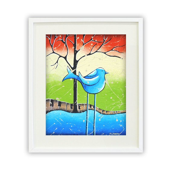 Giclee Print, Nursery Art Decor, Blue Bird Kids Print, Whimsical Folk Art Children Wall Art, Lime Green Red Blue 11x14 Signed