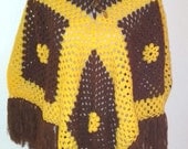 Groovy Hippie Sweater...mod 70s Sunflower Yellow n Milk Chocolate GRANNY Pullover Poncho SHAWL..One size easy chic...
