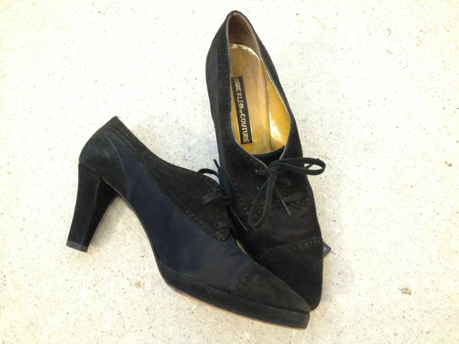 Vintage, Anne Klein, Couture, Lace up, Heels, Women's, Size, 7 1/2, 7.5, 7, spectator, black, avant, garde, runway, high, fashion