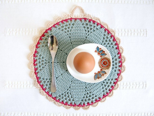 Bessie, modern folk kitchen decor, hand crochet pot holder in duck egg blue, rose pink & beige - MADE TO ORDER, by Emma Lamb