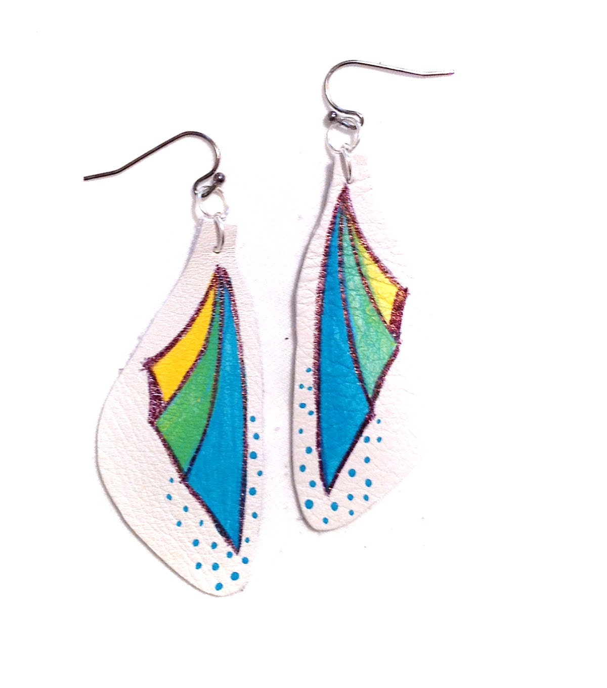 Butterfly wings leather earrings.Turquoise and yellow color. Leather jewelry