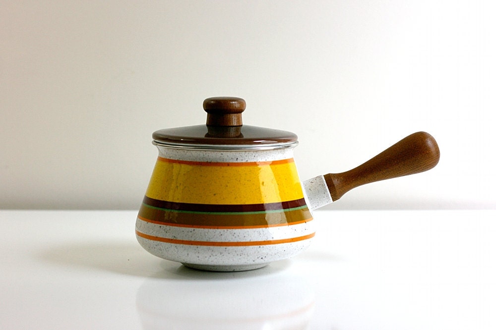 Vintage Enamel Striped Sauce Pot