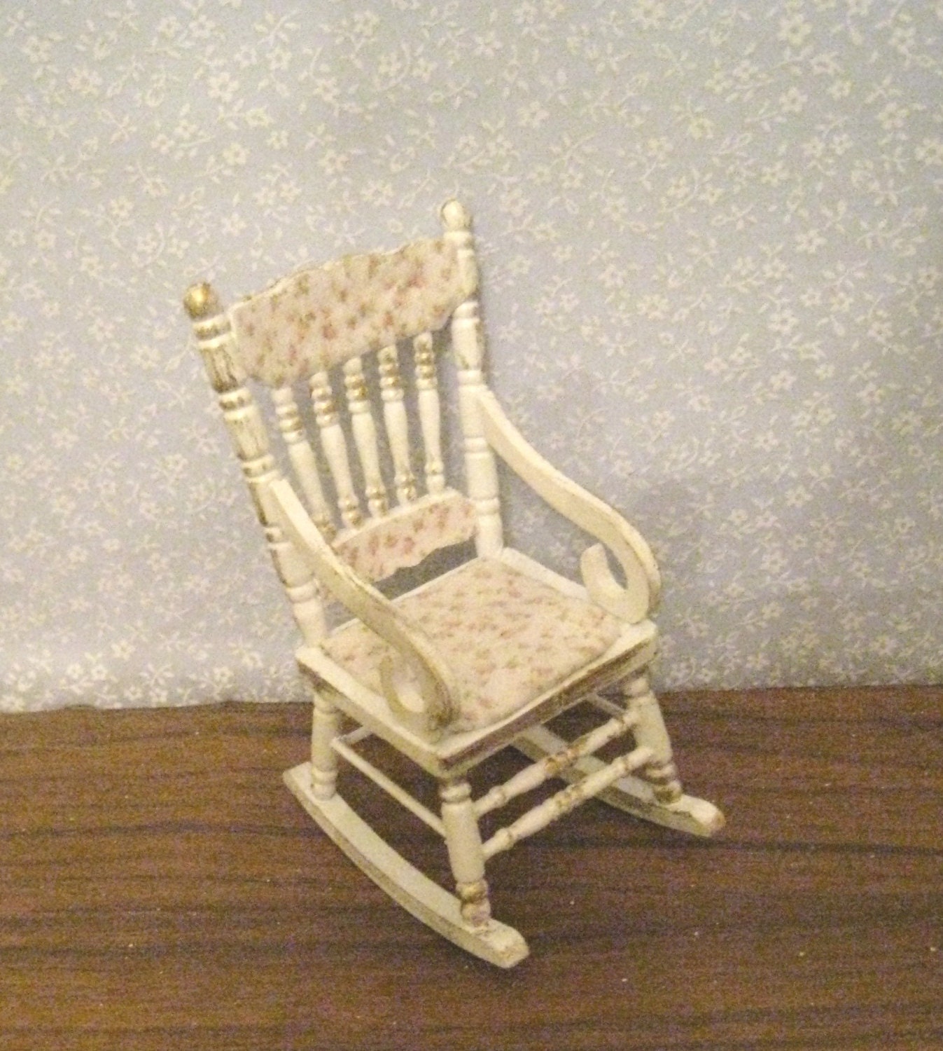 Shabby Chic Rocking Chair,  distressed white with rose bouquets,  Twelfth scale dollhouse miniature