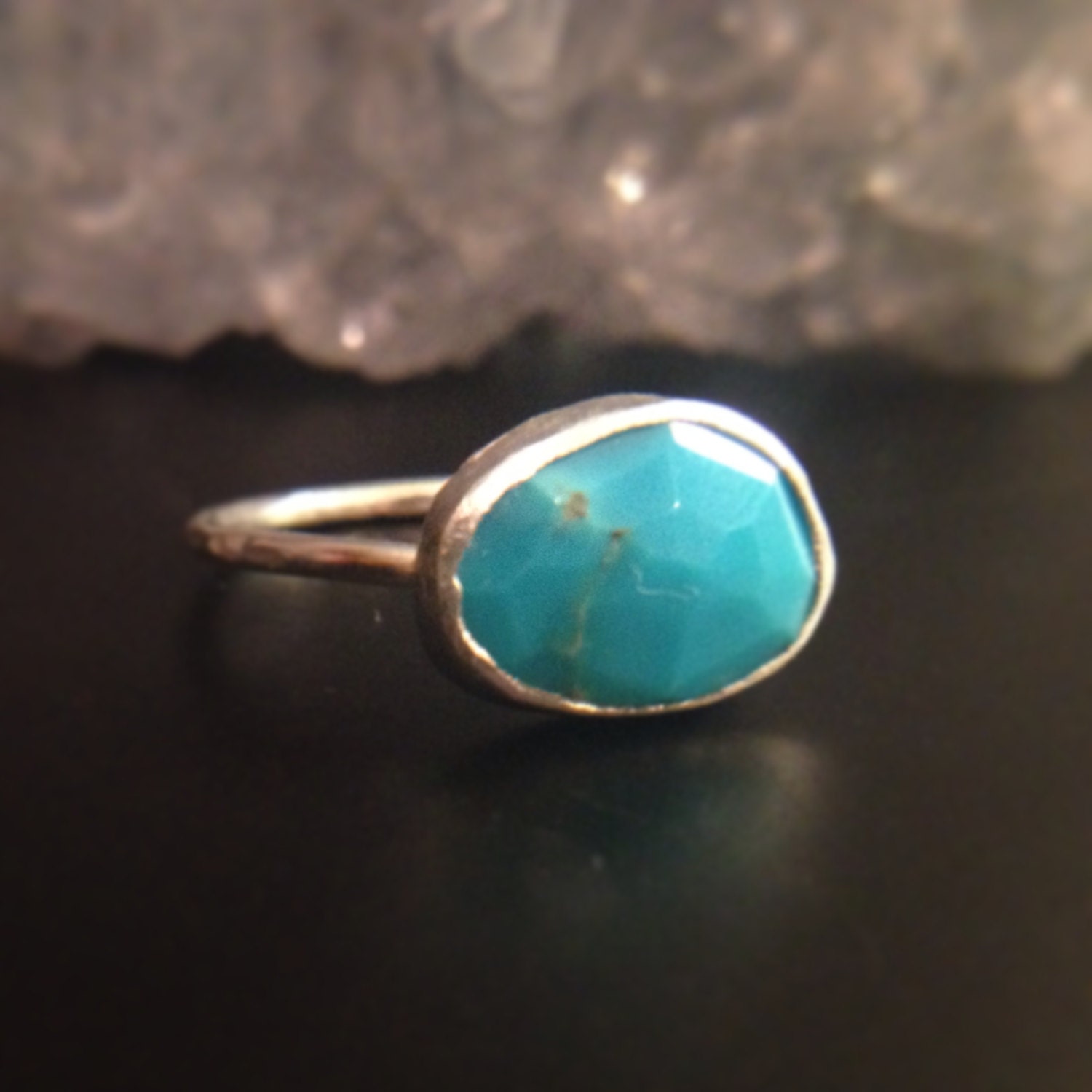 Rose Cut Blue Turquoise Gemstone & Sterling Silver Stacking Ring