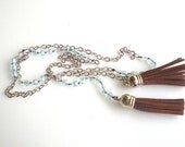 Light Blue Beaded Lariat Necklace, Brown Suede Tassel Neclace
