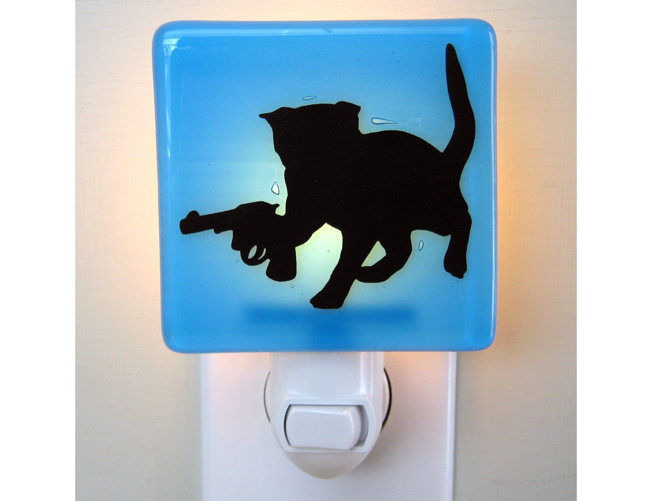 Cat Gift - Kitten with a Gun - Hand Painted Night Light - Sky Blue