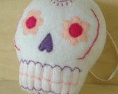 Sugar Skull plush ornament, white pink purple