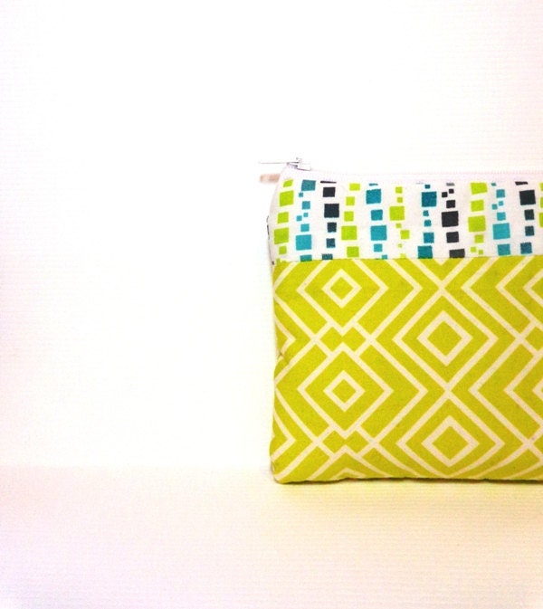 Small Cotton Zipper Pouch Small Wallet Small Change Purse  - Lime and Blue Geometric Pattern