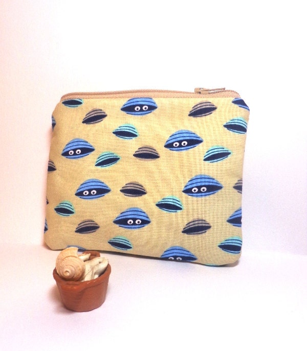 Small Pouch Small Wallet Small Coin Purse  Blue Clamshells on Sand