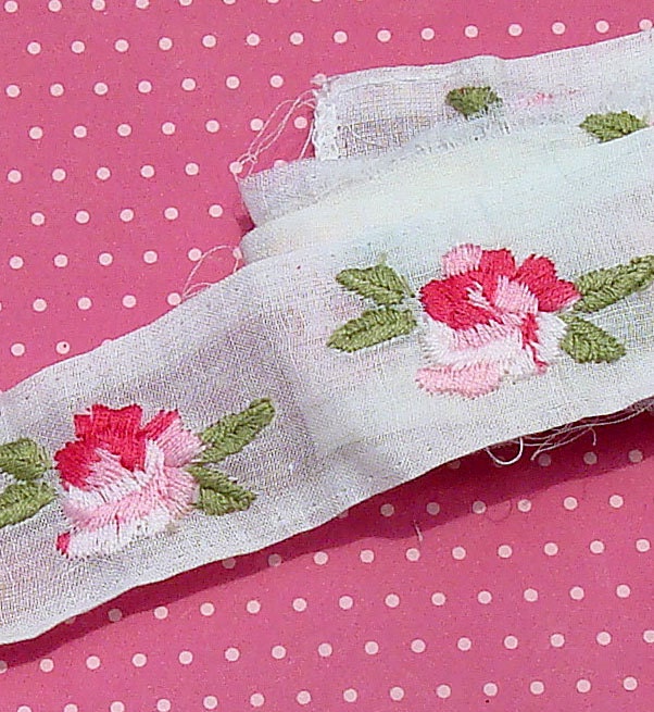 Vintage Trim Vintage Cotton Batiste Trim Embroidered Pink Roses