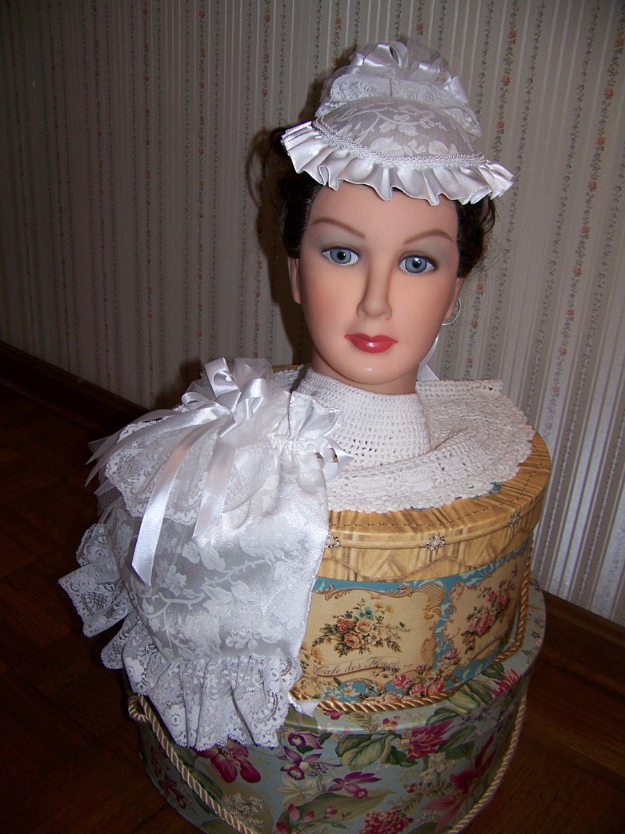 Ladies White brocade Civil War Hat and Reticule with White Braid and Satin Ribbons,costume