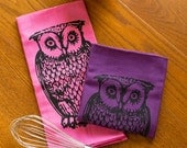 Owl Tea Towel Set of Two Dish Towels Hand Printed, Owls, Pink, Purple