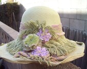 Celery Hand Blocked Panama Straw w/Vintage Fabric Trim and Velvet & Lace Flowers