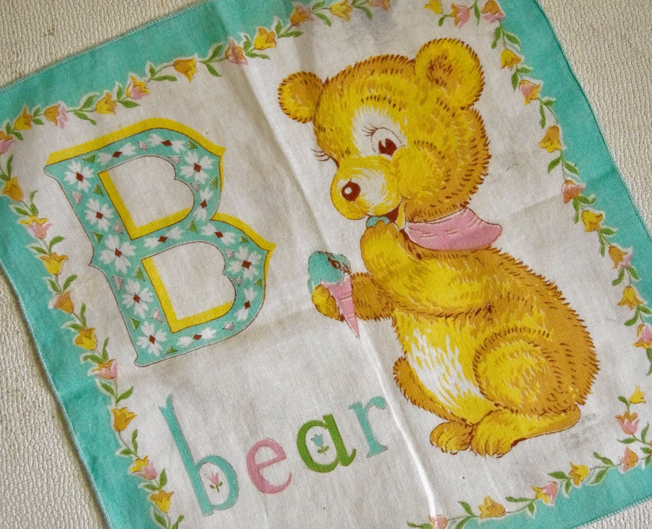 B is for BEAR - Darling Vintage Child's Hankie