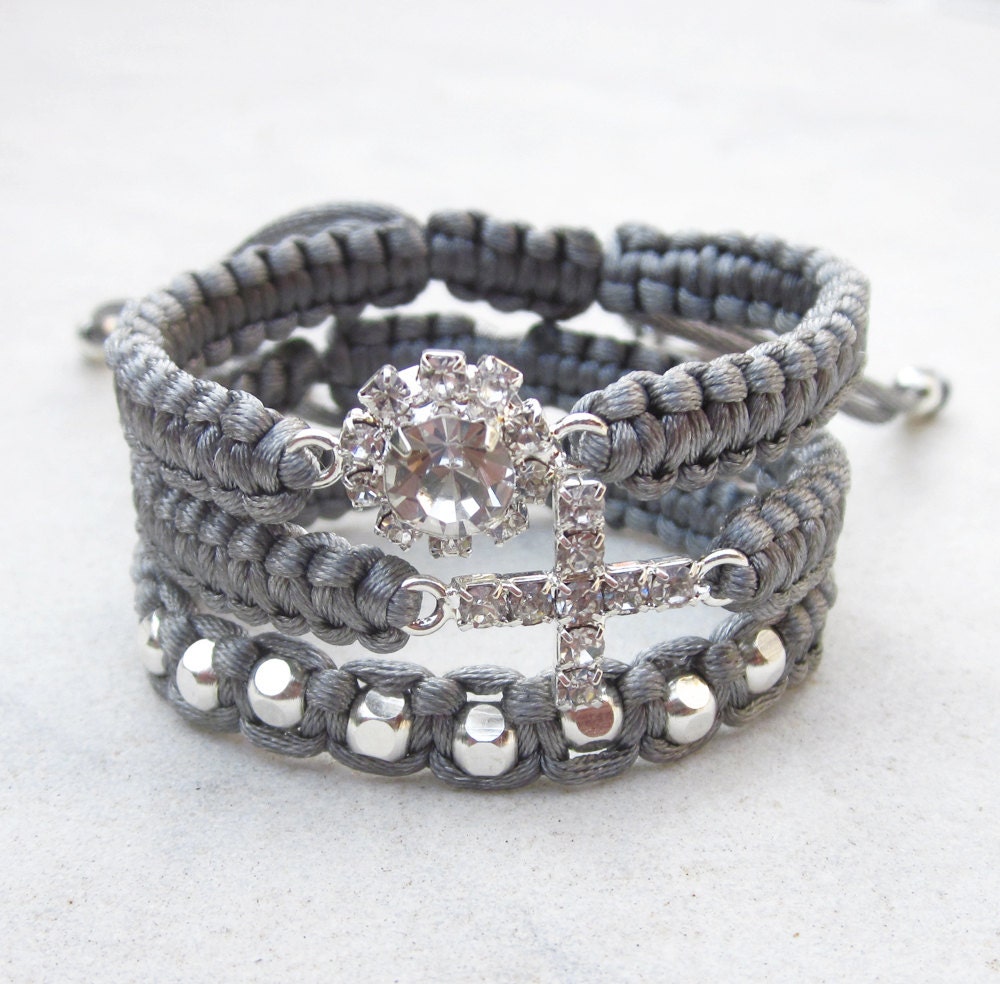 ONE friendship bracelet grey macrame strap with silver beads, floral rhinestone connector or crystal cross connector - CHOOSE your design