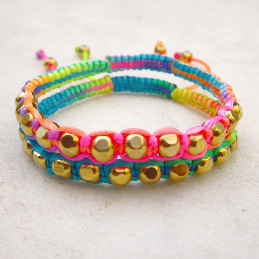 Rainbow friendship bracelet SET neon bracelets macrame gold beads stack bracelet beaded
