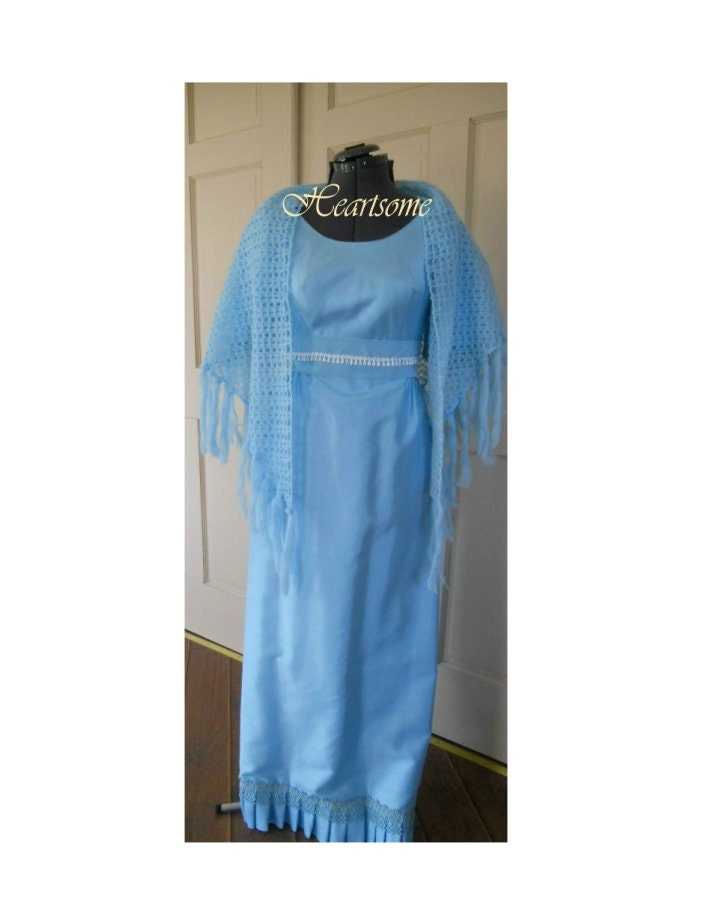 Formal blue vintage 60s dress crochet trim does regency Austen era