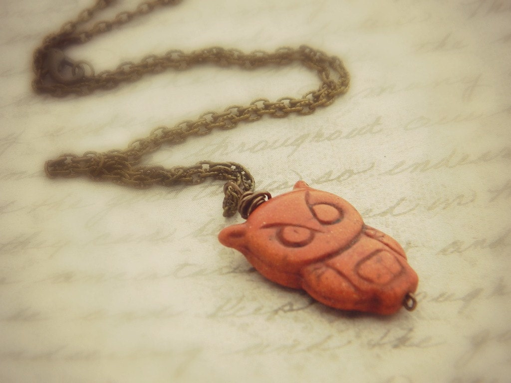 Owl Necklace - Brown Turquoise, Bronze, Rustic, Autumn, Fall, Warm, Kid, Brick Brown, Cinnamon, Owl Jewelry, Jewelry Necklace
