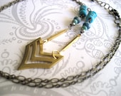 Turquoise Sea Chevron Necklace - long brass necklace with turquoise, apatite, Amazonite, and blue Swarovski crystal