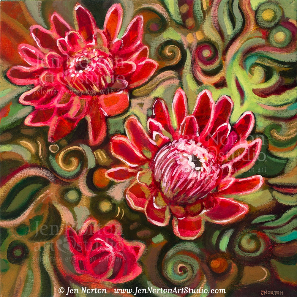 Pink Protea Tropical Floral Art Print in 12 x 12" square matting