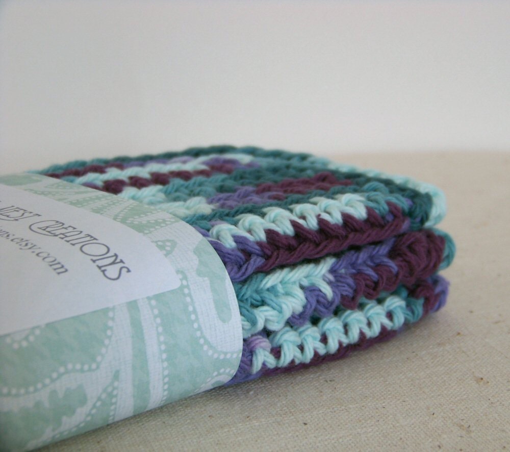 Wash Cloths, Dish Cloths, Cotton - Plum, Purple, Teal and Blue - Crocheted 3 Piece Set "Blue Iris"