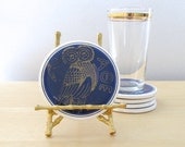 greek mythology ceramic coasters, 1970 vintage coaster set, owl, athena, trojan soldiers - ionesAttic