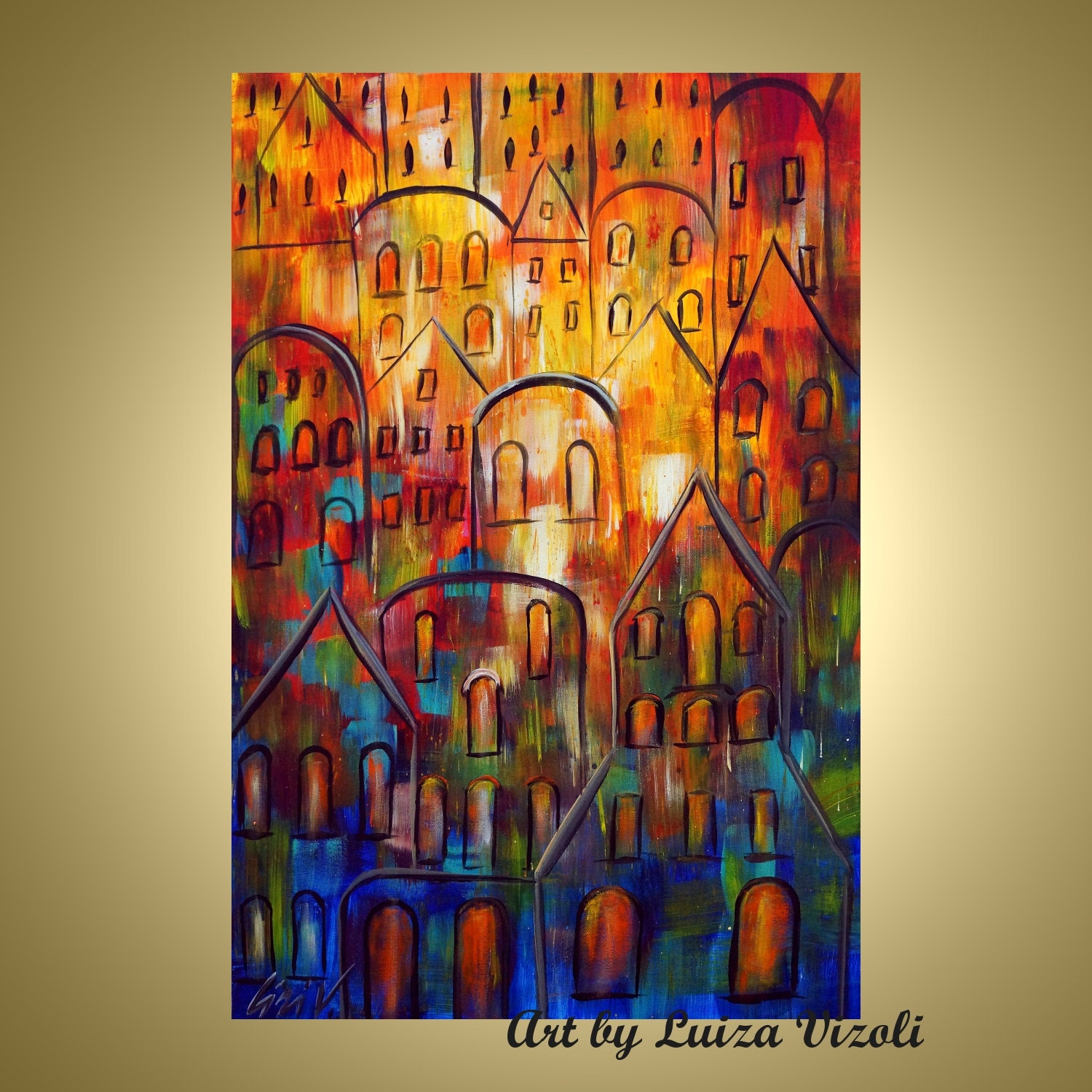 JERUSALEM CITY Original Oil Painting Contemporary Abstract Cityscape Wall Decor by Luiza Vizoli