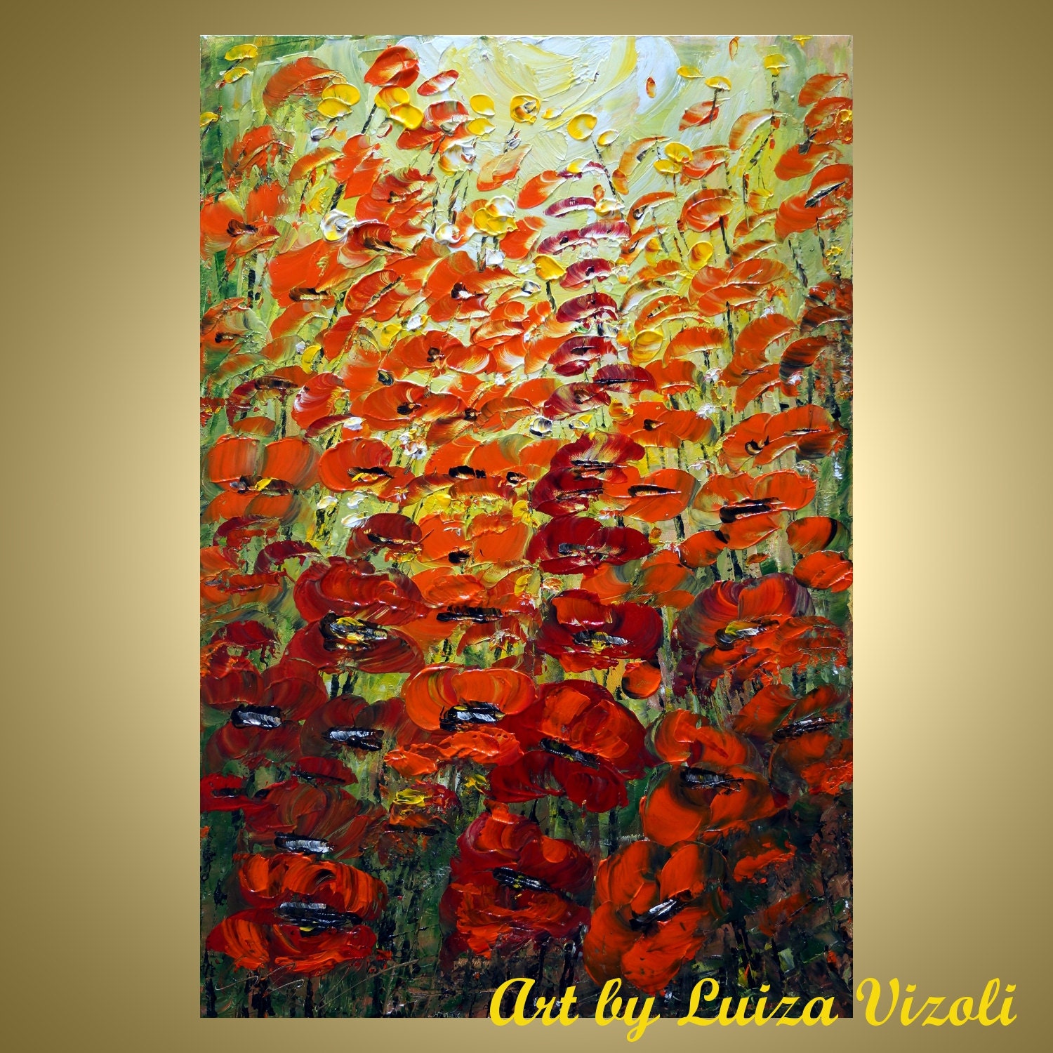 Original Abstract Large Modern Palette Knife Flowers Painting Contemporary Impressionist Red Poppies Art by Luiza Vizoli