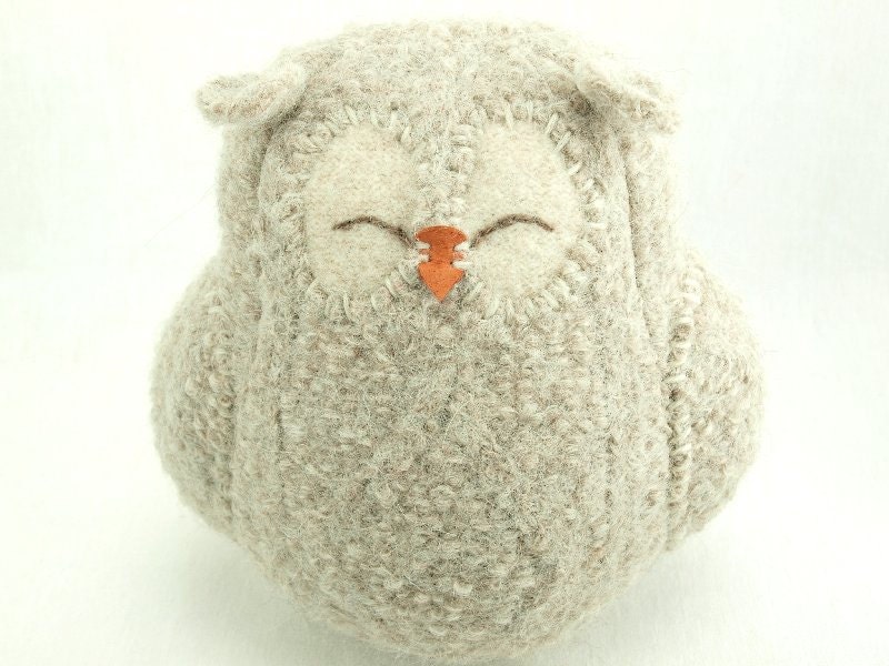 Owl Felted  Wool Recycled Room Decor Owl with Lamb Wool Stuffing Light Beige Eco Friendly  Ornament