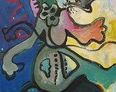 Gold Abstract Painting two paintings on both sides, Cat Art Original cat blue green yellow pink purple painting modern Acrylic cat art sjkim