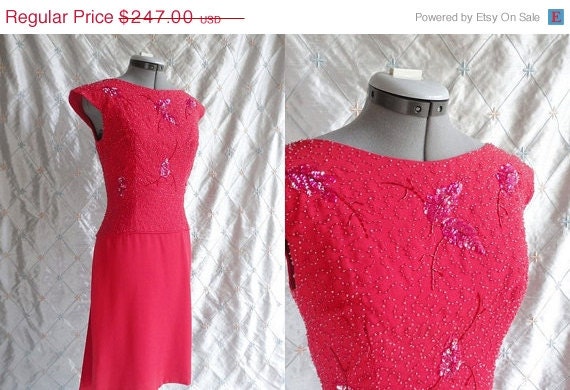 Sale 50s 60s Dress // Vintage 1950s 1960s Raspberry Red Cocktail Dress with Beading and Pink Sequins An Original Mr Frank New York Size M