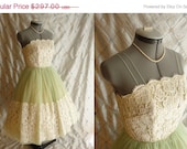 Sale 50s Dress // Vintage 1950s Celadon Green and Ivory Chiffon and Lace Prom Dress Size XS